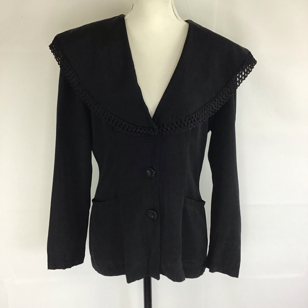 WEST 27TH STREET WOMEN VINTAGE GOTH BLACK WIDE LACE V-NECK COLLAR BLAZER SZ M